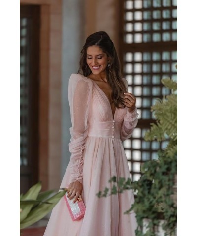 Long Sleeve Glitter Prom Dress Long Ball Gown Tulle Wedding Dress V Neck A-line Formal Gowns with Slit Dusty Rose $41.65 Dresses