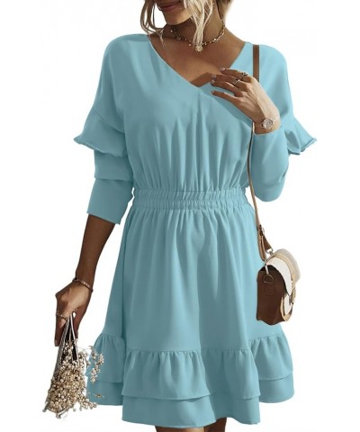 Womens Dresses 2023 Casual V-Neck Ruffle Long Sleeve A Line Swing Skater Mini Dress A1 Sky Blue $7.94 Dresses