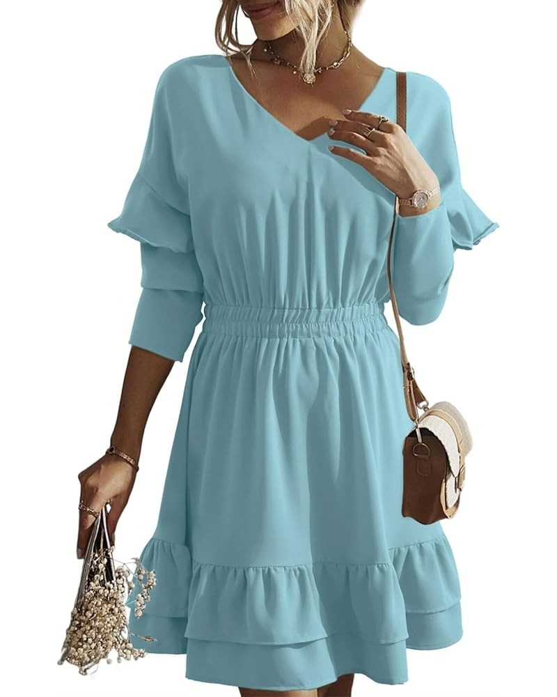 Womens Dresses 2023 Casual V-Neck Ruffle Long Sleeve A Line Swing Skater Mini Dress A1 Sky Blue $7.94 Dresses