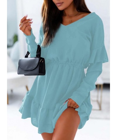 Womens Dresses 2023 Casual V-Neck Ruffle Long Sleeve A Line Swing Skater Mini Dress A1 Sky Blue $7.94 Dresses