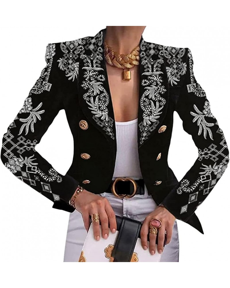 Women Open Front Blazer Colorful Print Long Sleeve Slim Jacket V Neck Double-Breasted Blouse Top 3XL / XXX-Large I $15.12 Bla...