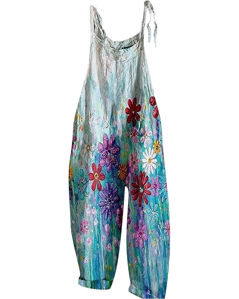 Women Casual Loose Bohemian Floral Print Wide Leg Jumpsuits Cotton Summer Beach Rompers Overalls *10blue $9.95 Overalls