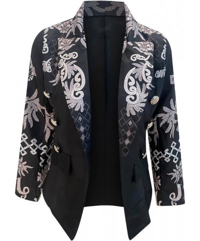 Women Open Front Blazer Colorful Print Long Sleeve Slim Jacket V Neck Double-Breasted Blouse Top 3XL / XXX-Large I $15.12 Bla...