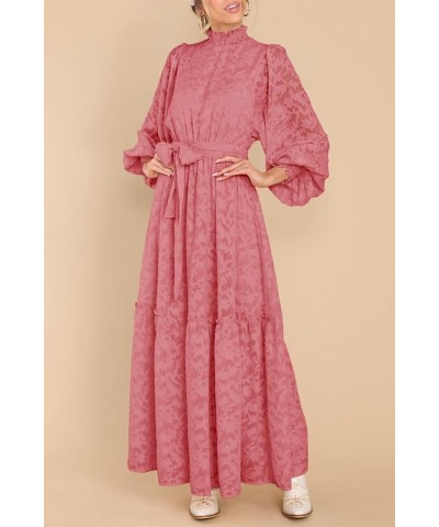 Women's Fall Dresses Elegant Floral High Neck Long Sleeve Elastic Waist Formal Maxi Dress with Belt Bean Paste $29.69 Dresses