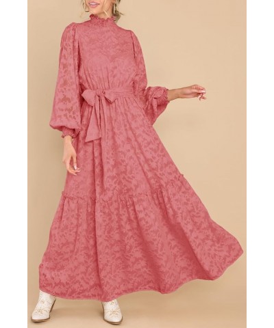 Women's Fall Dresses Elegant Floral High Neck Long Sleeve Elastic Waist Formal Maxi Dress with Belt Bean Paste $29.69 Dresses