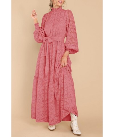 Women's Fall Dresses Elegant Floral High Neck Long Sleeve Elastic Waist Formal Maxi Dress with Belt Bean Paste $29.69 Dresses