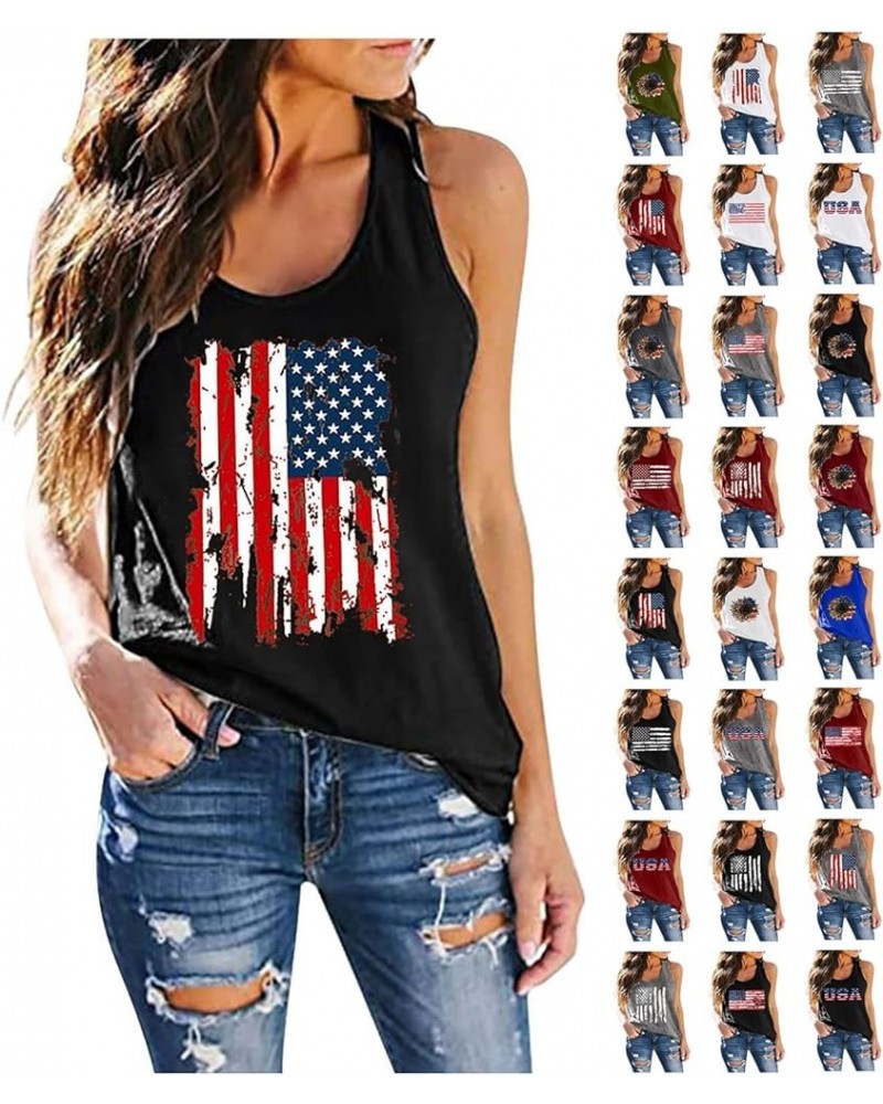 Racer Back Tank Tops Womens 4th of July Workout Tank Top Summer Loose Fit American Flag Shirts Cooling Racerback Tanks A1_bla...