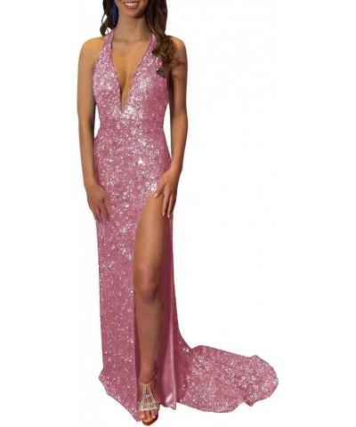 Prom Dresses Sexy Deep V-Neck Sequins Long Mermaid with High Slit Sparkly Formal Evening Gowns for Wedding Guest Backless Dus...