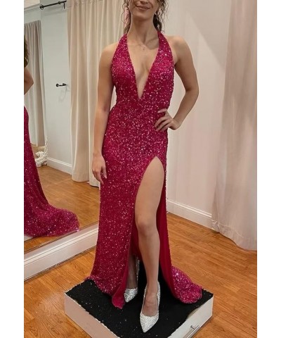 Prom Dresses Sexy Deep V-Neck Sequins Long Mermaid with High Slit Sparkly Formal Evening Gowns for Wedding Guest Backless Dus...