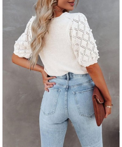 Summer Sweaters for Women 2024 Puff Short Sleeve Sweater Tops Knit Pom Pom Trendy Casual Blouses Beige $17.09 Sweaters