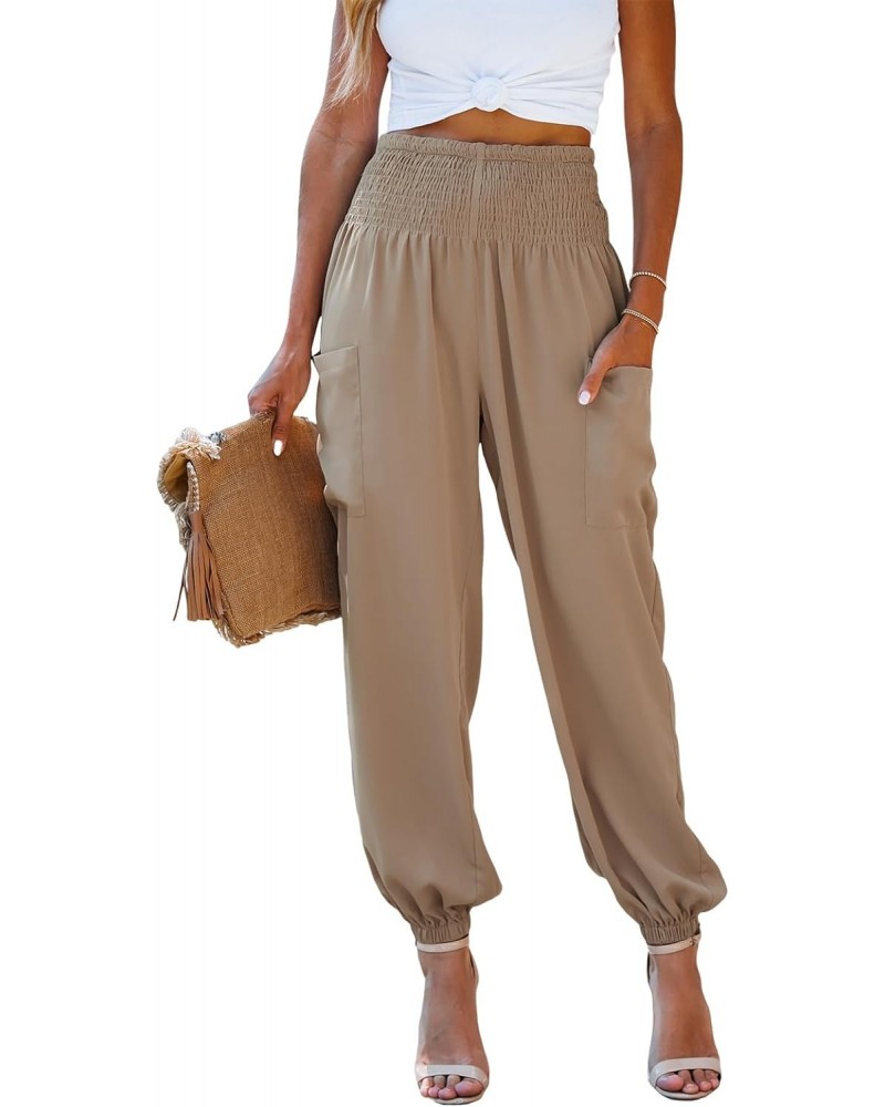 Women's Smocked High Waist Ruched Joggers Pants with Side Patch Pockets Natural $15.69 Pants