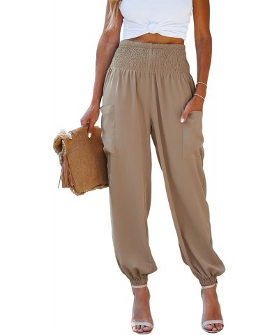 Women's Smocked High Waist Ruched Joggers Pants with Side Patch Pockets Natural $15.69 Pants