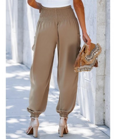 Women's Smocked High Waist Ruched Joggers Pants with Side Patch Pockets Natural $15.69 Pants