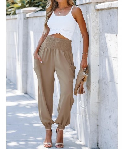 Women's Smocked High Waist Ruched Joggers Pants with Side Patch Pockets Natural $15.69 Pants