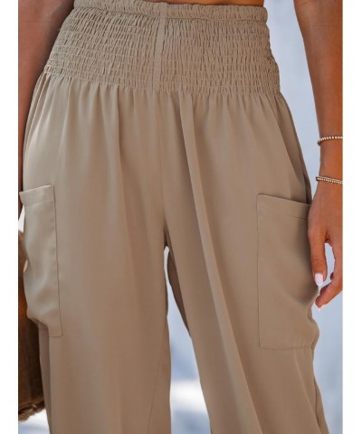 Women's Smocked High Waist Ruched Joggers Pants with Side Patch Pockets Natural $15.69 Pants