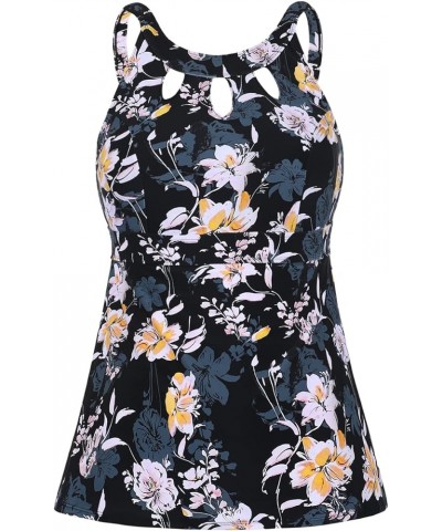 Women's Halter High Neck Tankini Top Key Hole Bathing Suit Black & Yellow Floral $12.54 Swimsuits