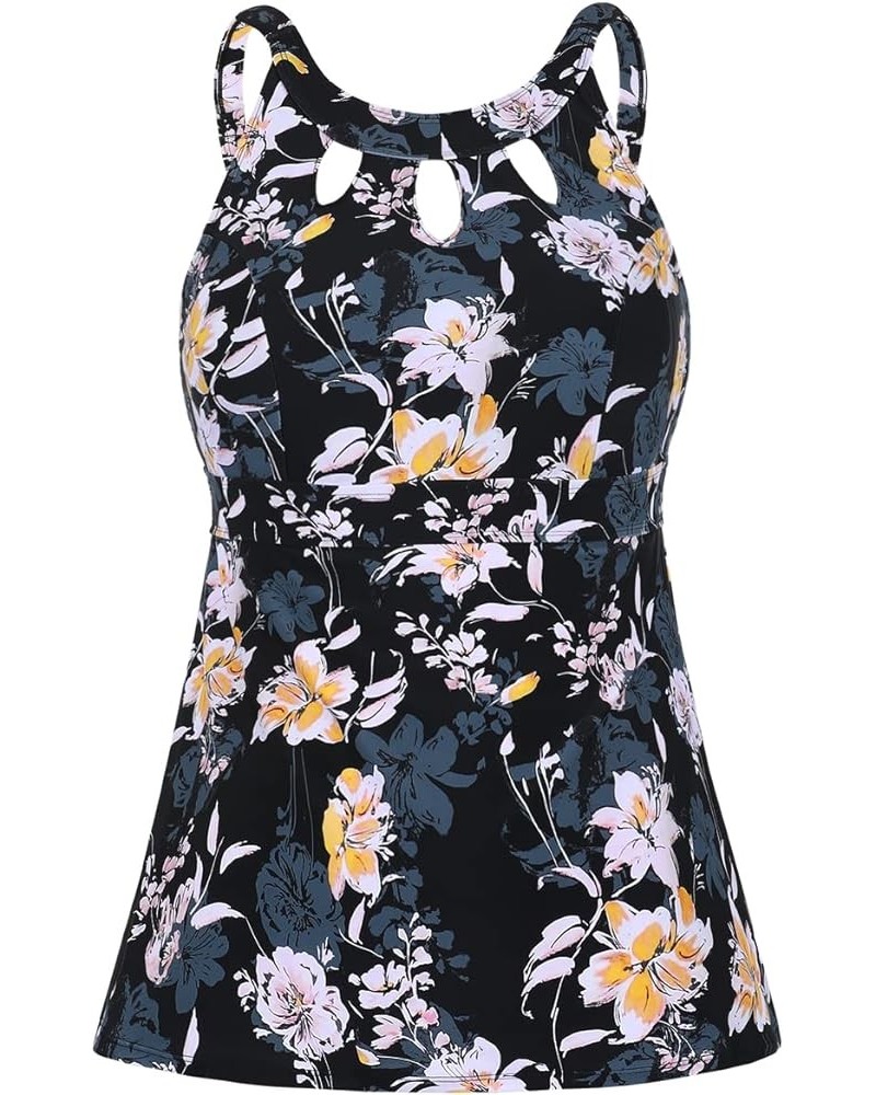 Women's Halter High Neck Tankini Top Key Hole Bathing Suit Black & Yellow Floral $12.54 Swimsuits