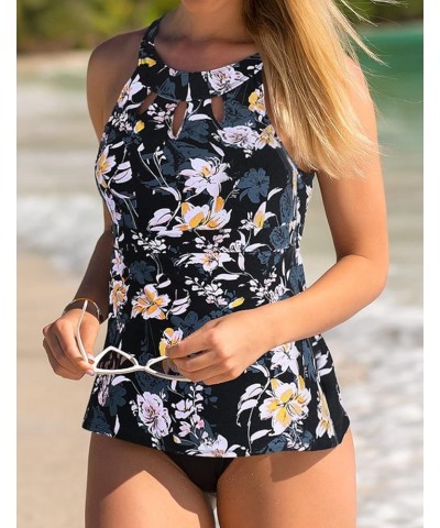 Women's Halter High Neck Tankini Top Key Hole Bathing Suit Black & Yellow Floral $12.54 Swimsuits