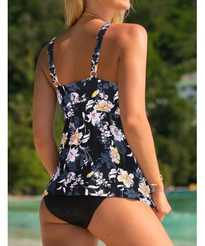 Women's Halter High Neck Tankini Top Key Hole Bathing Suit Black & Yellow Floral $12.54 Swimsuits