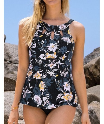 Women's Halter High Neck Tankini Top Key Hole Bathing Suit Black & Yellow Floral $12.54 Swimsuits