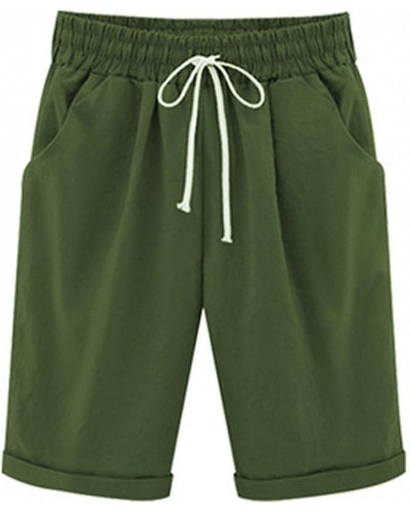 Women's Cotton Linen Shorts Casual Elastic Waist Knee Length Curling Drawstring Bermuda Shorts with Pockets 01 Army Green $5....