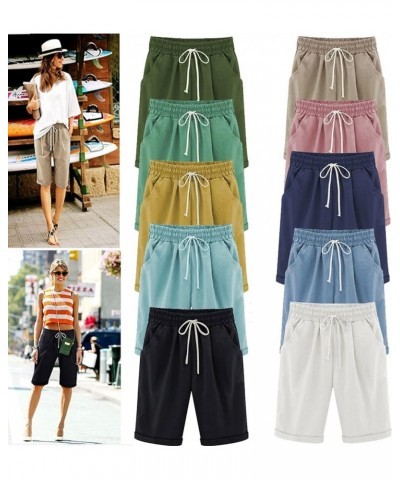 Women's Cotton Linen Shorts Casual Elastic Waist Knee Length Curling Drawstring Bermuda Shorts with Pockets 01 Army Green $5....