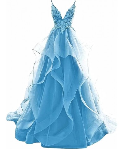 Tulle Prom Dresses Straps Ruffles Ball Gowns V Neck Backless Formal Evening Party Dress Blue $45.90 Dresses