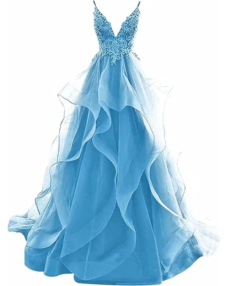 Tulle Prom Dresses Straps Ruffles Ball Gowns V Neck Backless Formal Evening Party Dress Blue $45.90 Dresses