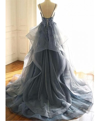 Tulle Prom Dresses Straps Ruffles Ball Gowns V Neck Backless Formal Evening Party Dress Blue $45.90 Dresses