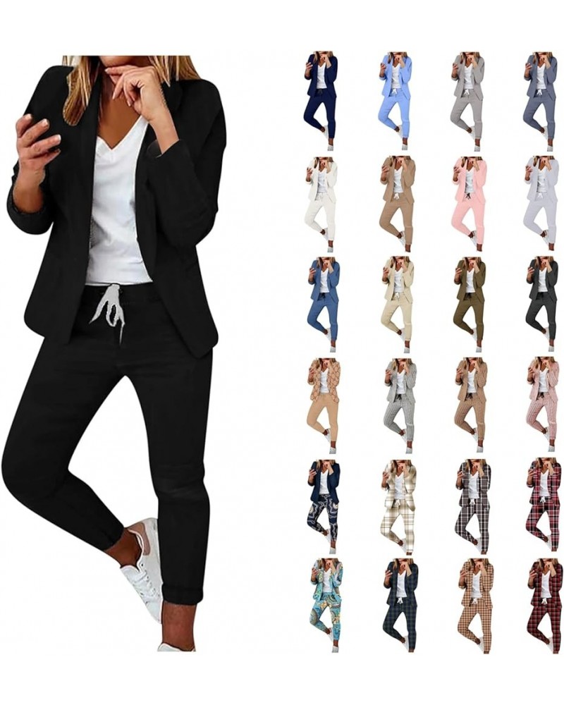 Womens Business Casual Sets 2 Piece Outfits Office Work Long Sleeve Blazer Jacket Drawstring Pants Trendy Suit Sets A04-black...