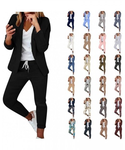 Womens Business Casual Sets 2 Piece Outfits Office Work Long Sleeve Blazer Jacket Drawstring Pants Trendy Suit Sets A04-black...