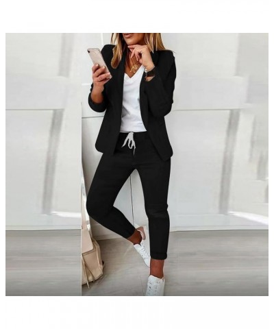 Womens Business Casual Sets 2 Piece Outfits Office Work Long Sleeve Blazer Jacket Drawstring Pants Trendy Suit Sets A04-black...