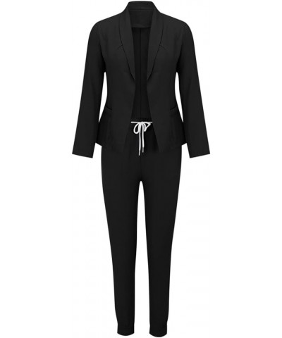 Womens Business Casual Sets 2 Piece Outfits Office Work Long Sleeve Blazer Jacket Drawstring Pants Trendy Suit Sets A04-black...