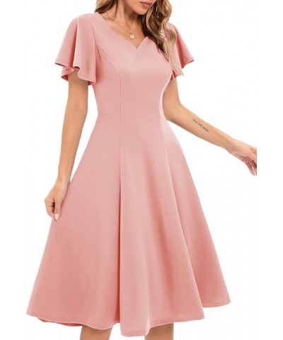 Ruffle Sleeve Cocktail Dresses for Wedding Guest Fit and Flare Tea Length Party Dress Blush $19.36 Dresses