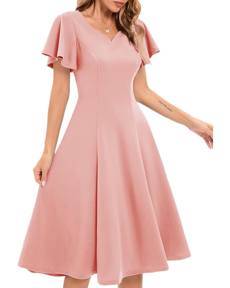 Ruffle Sleeve Cocktail Dresses for Wedding Guest Fit and Flare Tea Length Party Dress Blush $19.36 Dresses