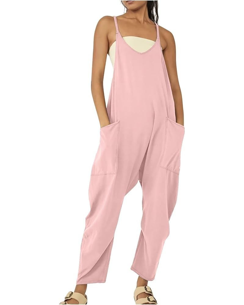 Jumpsuits for Women Loose Fit Sleeveless Spaghetti Strap Long/Short Pant Romper Jumpsuit with Pockets C09-pink $5.19 Jumpsuits