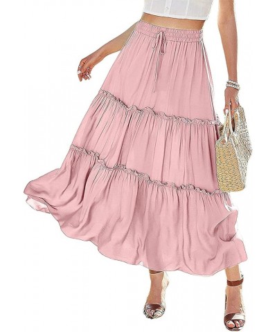 Women's Elastic High Waist A Line Layer Ruffle Swing Casual Long Maxi Skirt Pink $15.29 Skirts