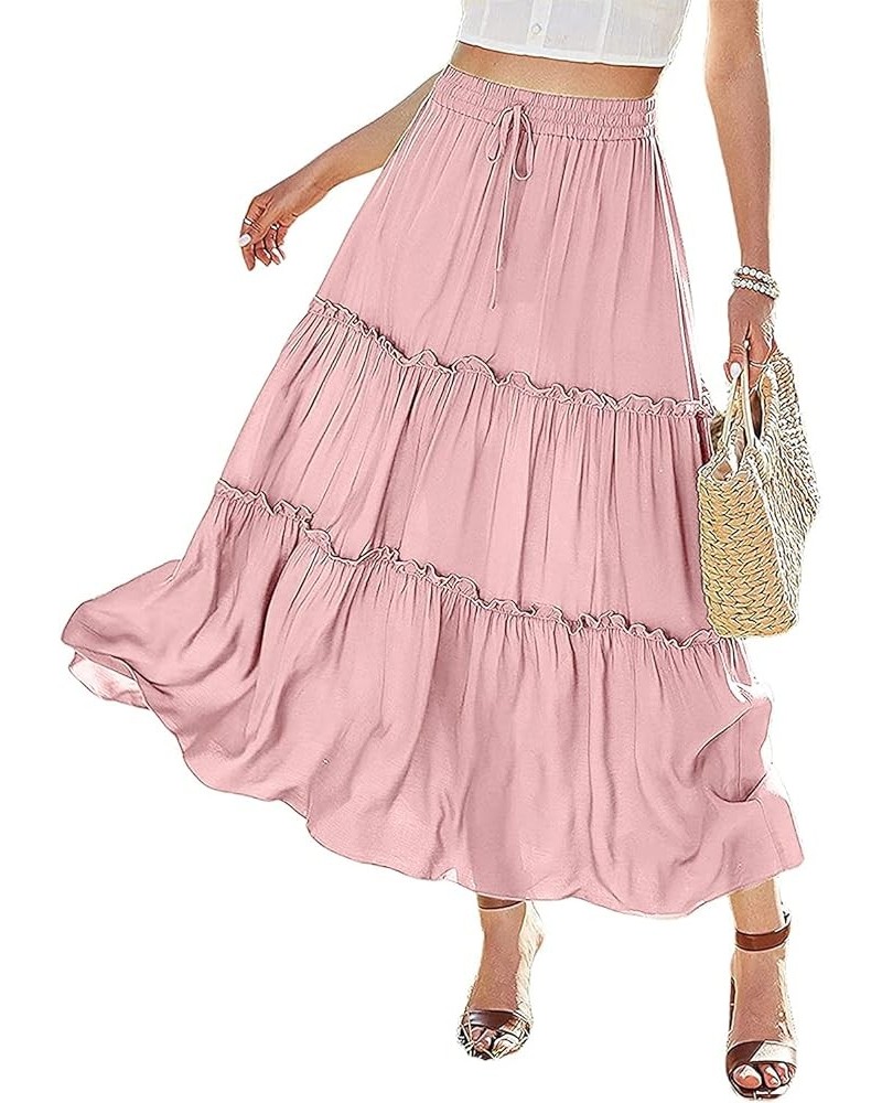 Women's Elastic High Waist A Line Layer Ruffle Swing Casual Long Maxi Skirt Pink $15.29 Skirts