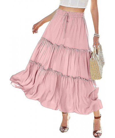 Women's Elastic High Waist A Line Layer Ruffle Swing Casual Long Maxi Skirt Pink $15.29 Skirts