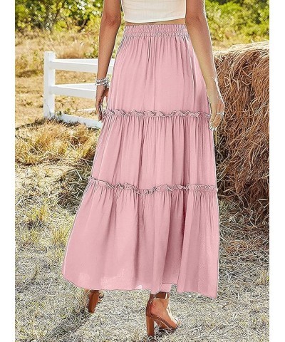 Women's Elastic High Waist A Line Layer Ruffle Swing Casual Long Maxi Skirt Pink $15.29 Skirts