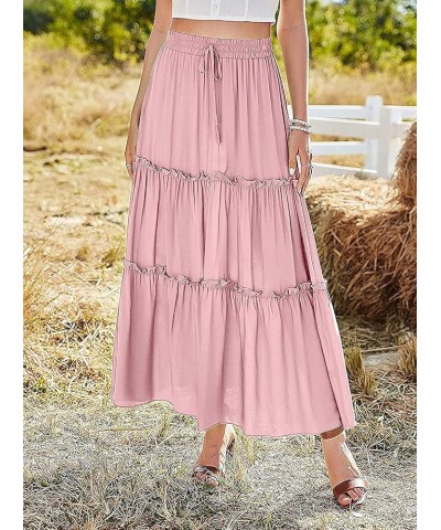 Women's Elastic High Waist A Line Layer Ruffle Swing Casual Long Maxi Skirt Pink $15.29 Skirts