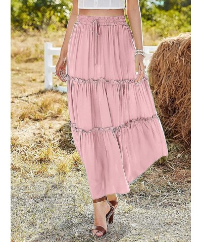 Women's Elastic High Waist A Line Layer Ruffle Swing Casual Long Maxi Skirt Pink $15.29 Skirts