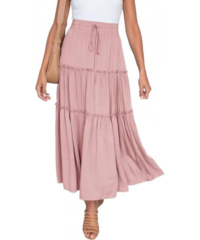 Women's Elastic High Waist A Line Layer Ruffle Swing Casual Long Maxi Skirt Pink $15.29 Skirts