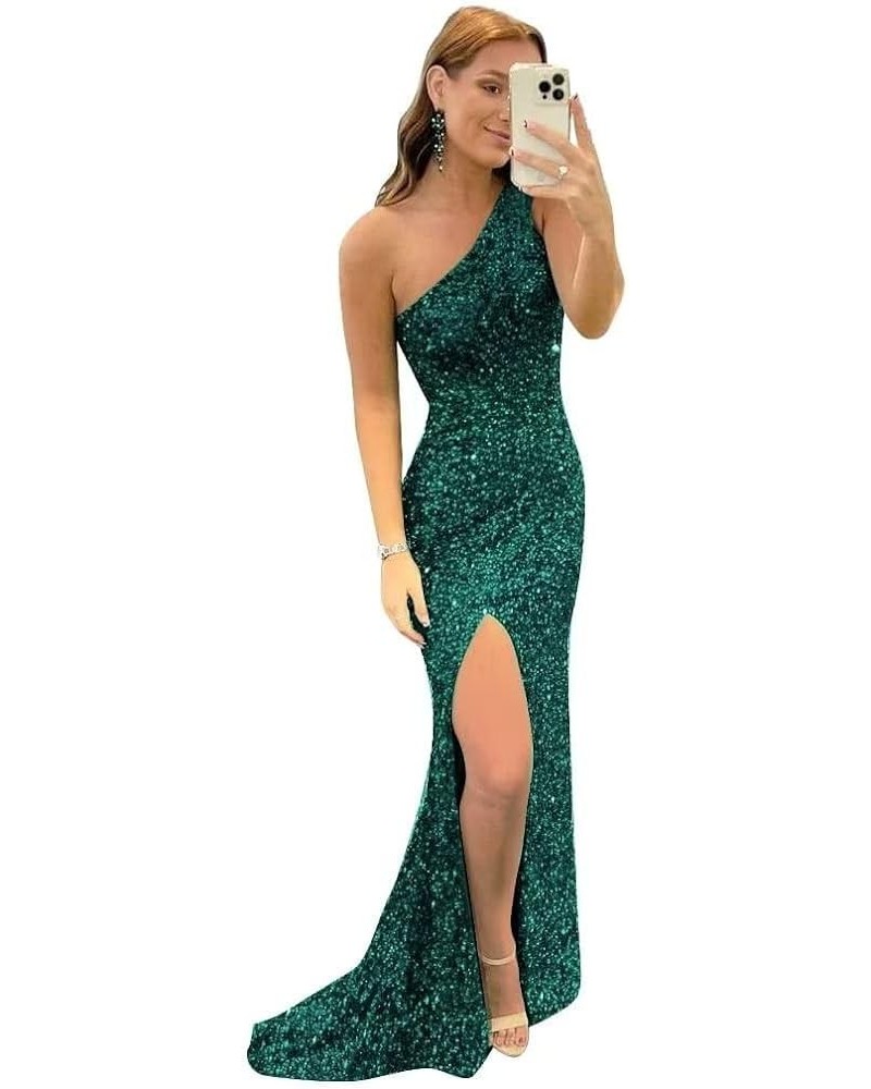 Women's 2023 One Shoulder Sequin Mermaid Prom Dresses Long Slit Glitter Backless Evening Party Gowns B-teal $29.25 Dresses