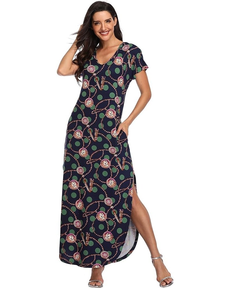 Women's Maxi Dresses Short Sleeve Floral Solid Summer Beach Dress Casual Loose V Neck Side Split Long Dress with Pockets 12-n...