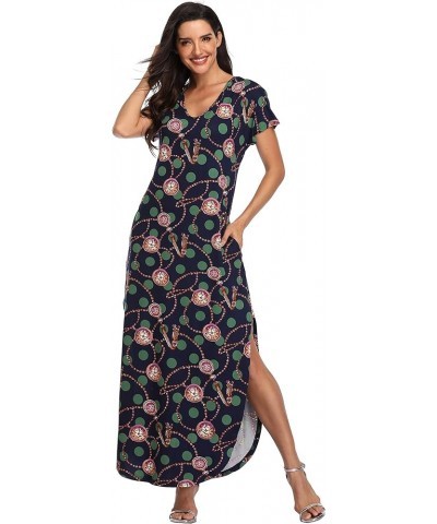 Women's Maxi Dresses Short Sleeve Floral Solid Summer Beach Dress Casual Loose V Neck Side Split Long Dress with Pockets 12-n...