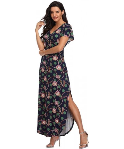 Women's Maxi Dresses Short Sleeve Floral Solid Summer Beach Dress Casual Loose V Neck Side Split Long Dress with Pockets 12-n...