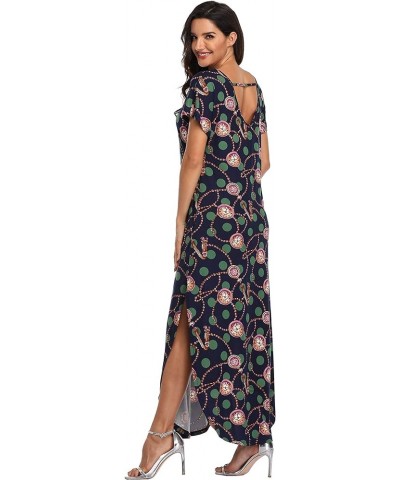 Women's Maxi Dresses Short Sleeve Floral Solid Summer Beach Dress Casual Loose V Neck Side Split Long Dress with Pockets 12-n...