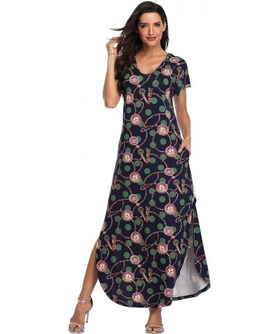 Women's Maxi Dresses Short Sleeve Floral Solid Summer Beach Dress Casual Loose V Neck Side Split Long Dress with Pockets 12-n...