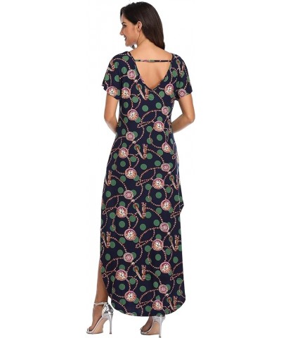 Women's Maxi Dresses Short Sleeve Floral Solid Summer Beach Dress Casual Loose V Neck Side Split Long Dress with Pockets 12-n...